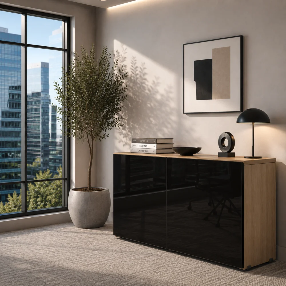 Credenza Melamina 2 Puertas de Cristal SG-11B - 1 Credenza Melamina 2 Puertas de Cristal SG-11B