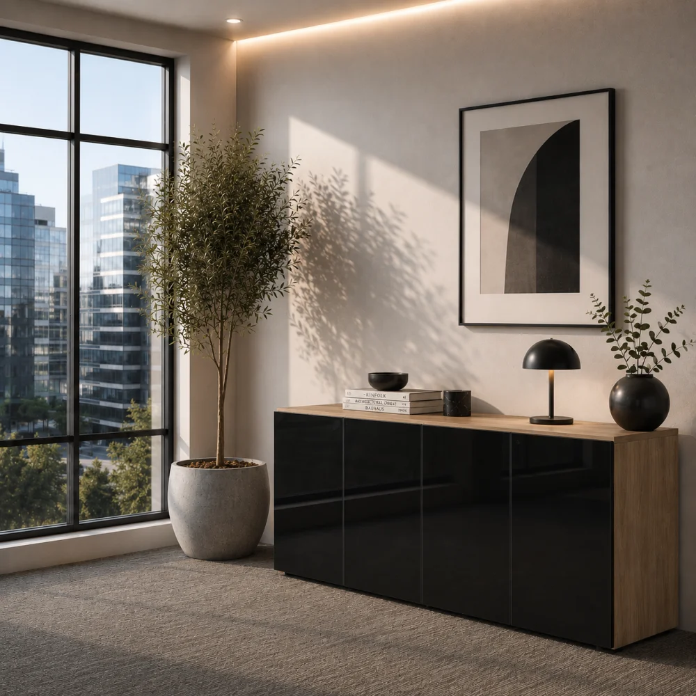 Credenza Melamina 4 Puertas de Cristal SG-11 - 1 Credenza Melamina 4 Puertas de Cristal SG-11